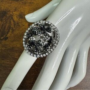 Black Gunmetal and Silver Rhinestone Statement Ring Large Oval Fashion Size 7